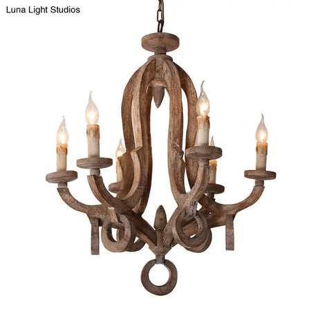 Vintage Wooden Candlestick Chandelier Pendant Light | 6 Bulb Hanging Fixture For Living Room