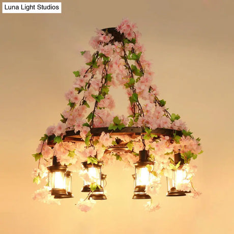 Vintage Wooden Lantern Pendant Chandelier With Led Flower Suspension Light In Pink - 3/6/8 Heads