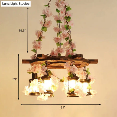 Vintage Wooden Lantern Pendant Chandelier With Led Flower Suspension Light In Pink - 3/6/8 Heads