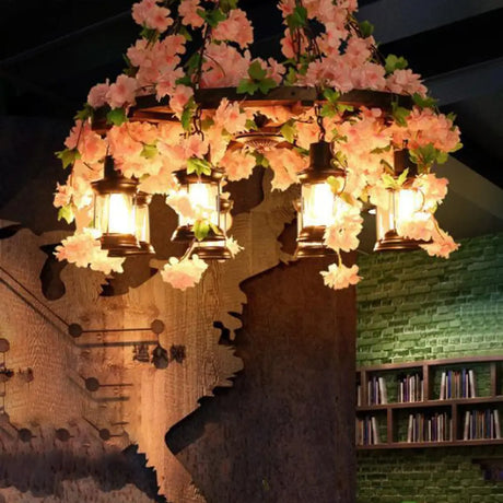 Vintage Wooden Lantern Pendant Chandelier With Led Flower Suspension Light In Pink - 3/6/8 Heads