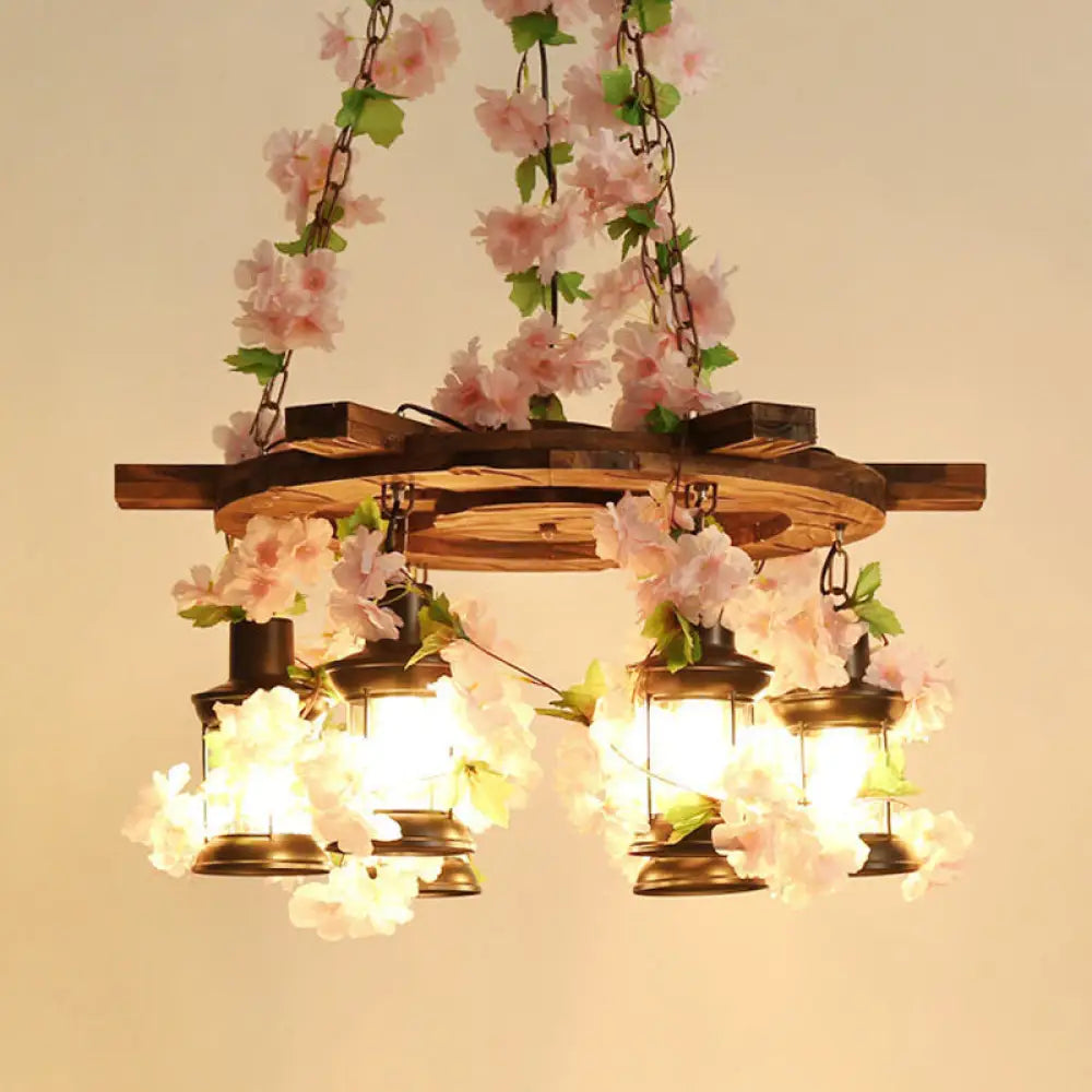 Vintage Wooden Lantern Pendant Chandelier With Led Flower Suspension Light In Pink - 3/6/8 Heads