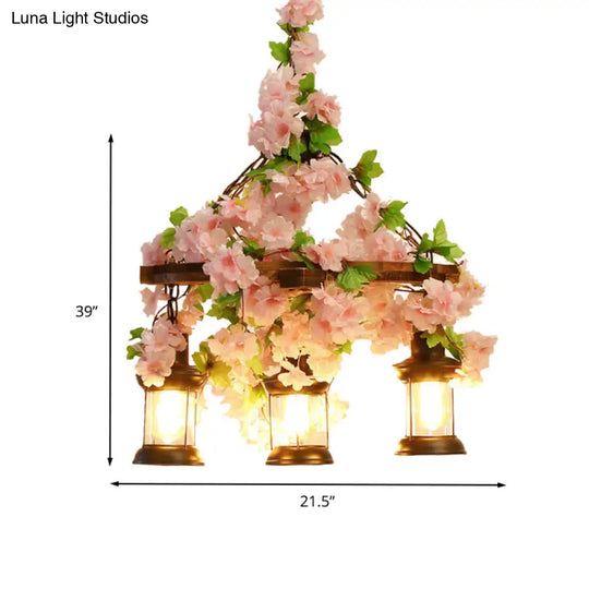 Vintage Lantern Chandelier With Wooden Led Flower Suspension Light In Pink - 3/6/8 Heads 21.5/27/30