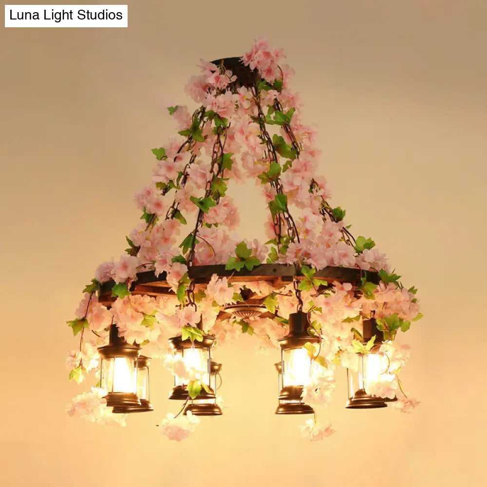 Vintage Lantern Chandelier With Wooden Led Flower Suspension Light In Pink - 3/6/8 Heads 21.5/27/30