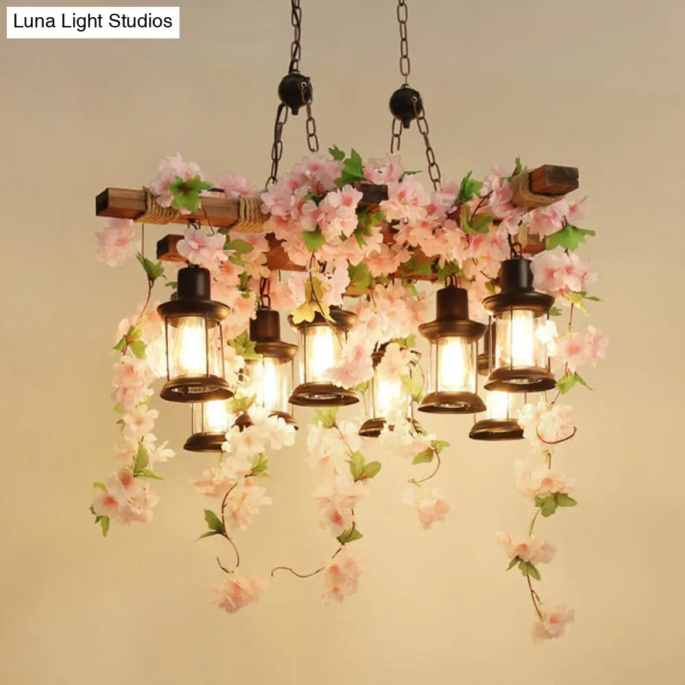 Vintage Lantern Chandelier With Wooden Led Flower Suspension Light In Pink - 3/6/8 Heads 21.5/27/30