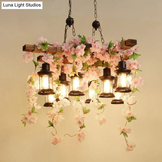 Vintage Lantern Chandelier With Wooden Led Flower Suspension Light In Pink - 3/6/8 Heads 21.5/27/30