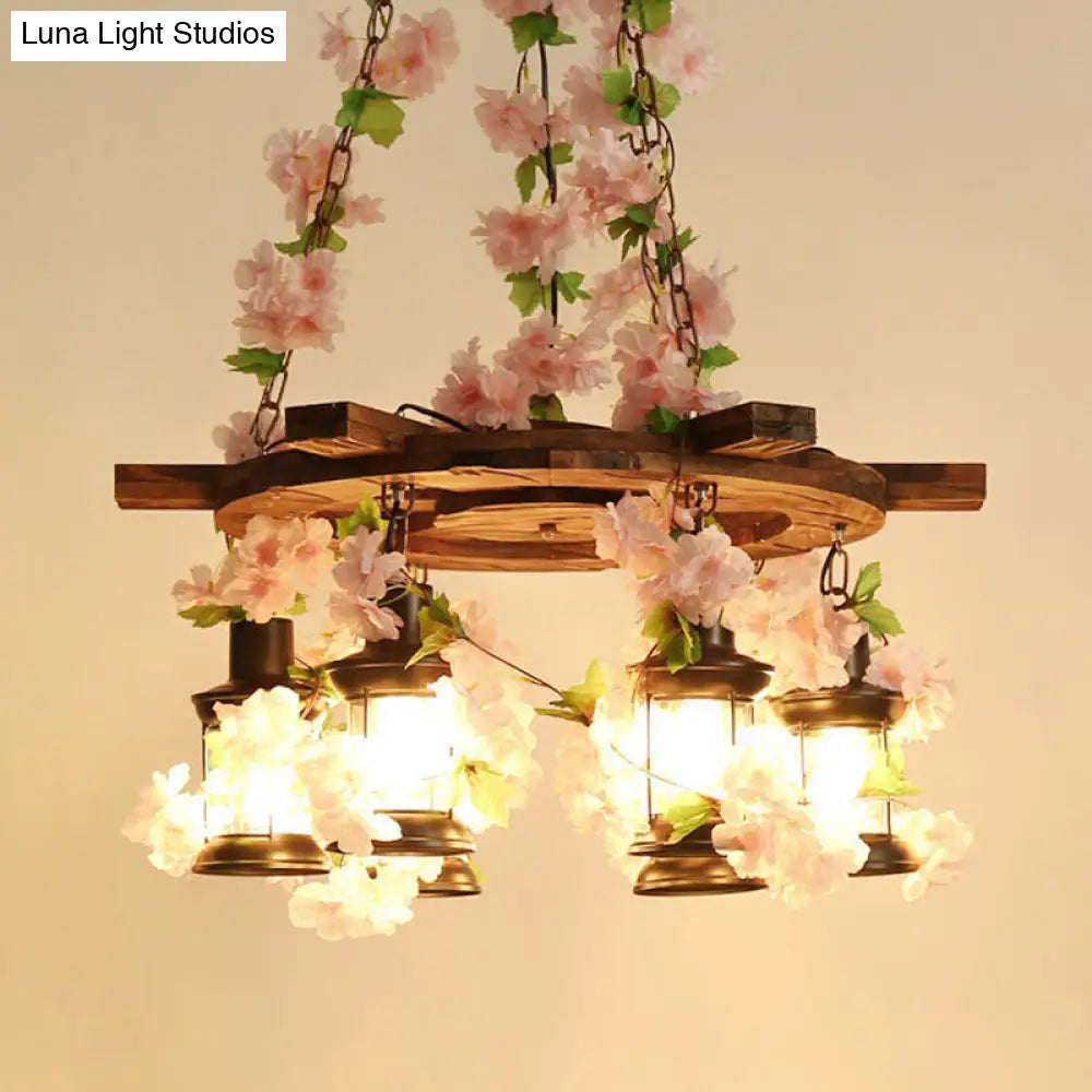 Vintage Lantern Chandelier With Wooden Led Flower Suspension Light In Pink - 3/6/8 Heads 21.5/27/30