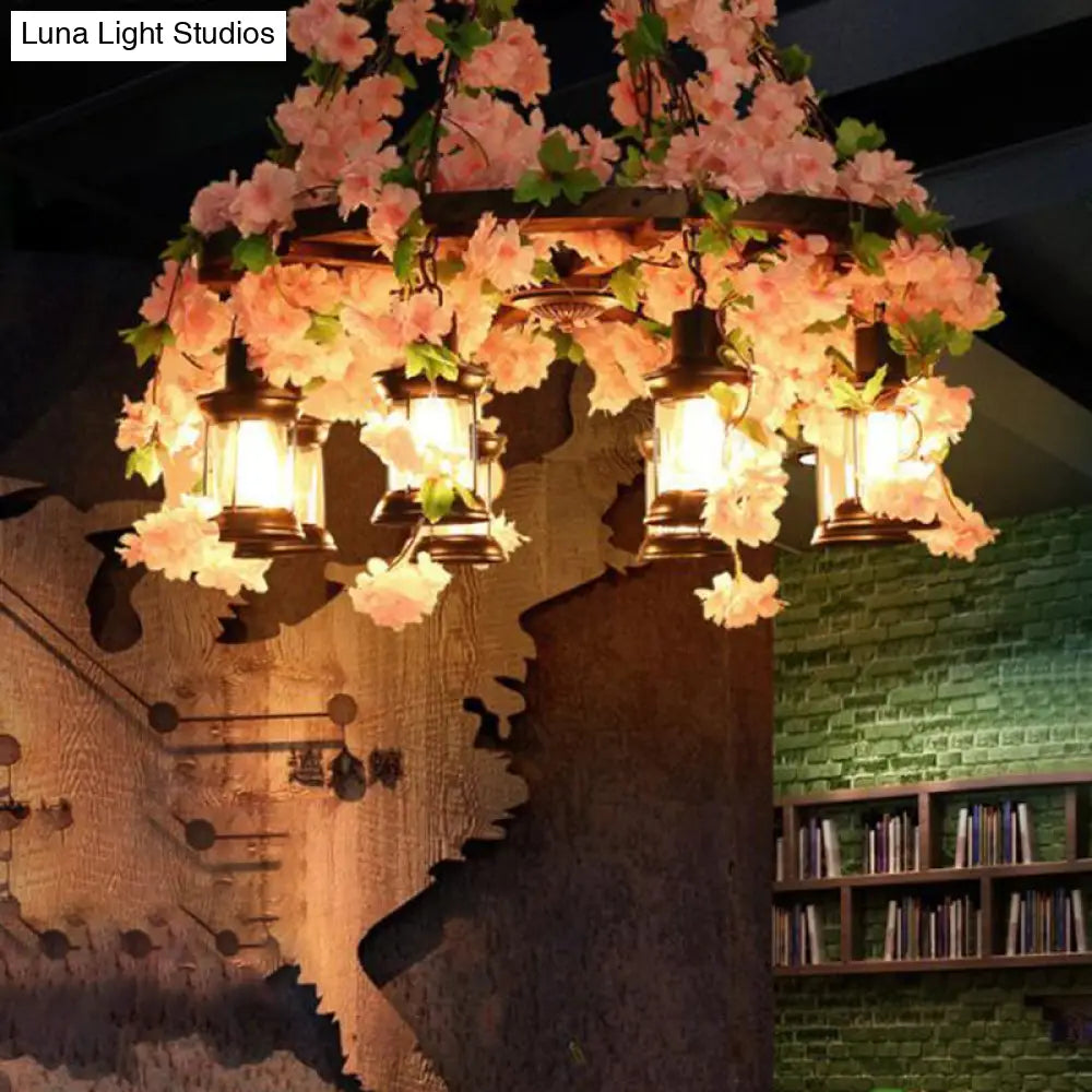 Vintage Lantern Chandelier With Wooden Led Flower Suspension Light In Pink - 3/6/8 Heads 21.5/27/30