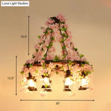 Vintage Wooden Lantern Pendant Chandelier With Led Flower Suspension Light In Pink - 3/6/8 Heads