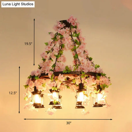 Vintage Wooden Lantern Pendant Chandelier With Led Flower Suspension Light In Pink - 3/6/8 Heads
