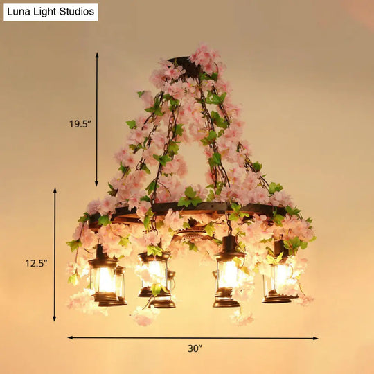 Vintage Lantern Chandelier With Wooden Led Flower Suspension Light In Pink - 3/6/8 Heads 21.5/27/30
