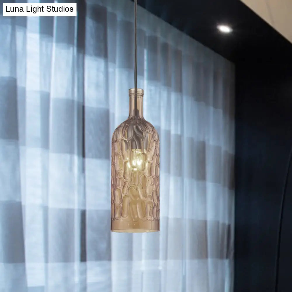 Vintage Yellow/Brown Glass Pendant Light With Dimpled Bottle Shade - 1-Light Fixture For Living Room