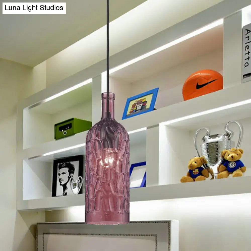 Vintage Yellow/Brown Glass Pendant Light With Dimpled Bottle Shade - 1-Light Fixture For Living Room