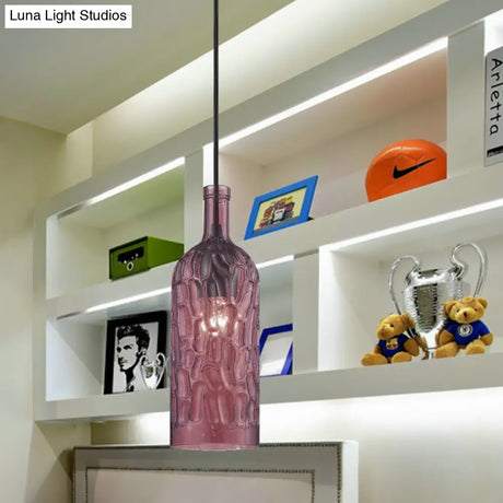 Vintage Yellow/Brown Glass Pendant Light With Dimpled Bottle Shade - 1-Light Fixture For Living Room