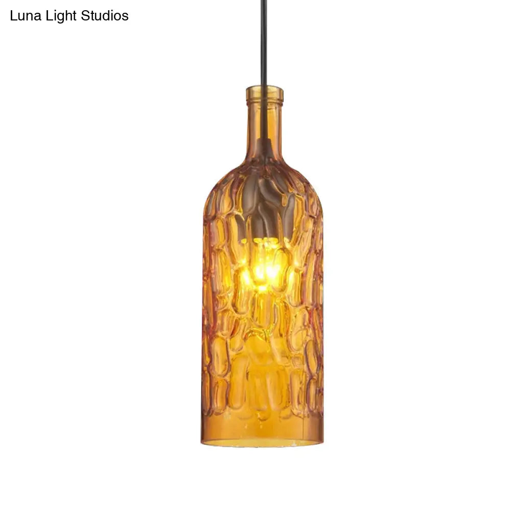 Vintage Yellow/Brown Glass Pendant Light With Dimpled Bottle Shade - 1-Light Fixture For Living Room