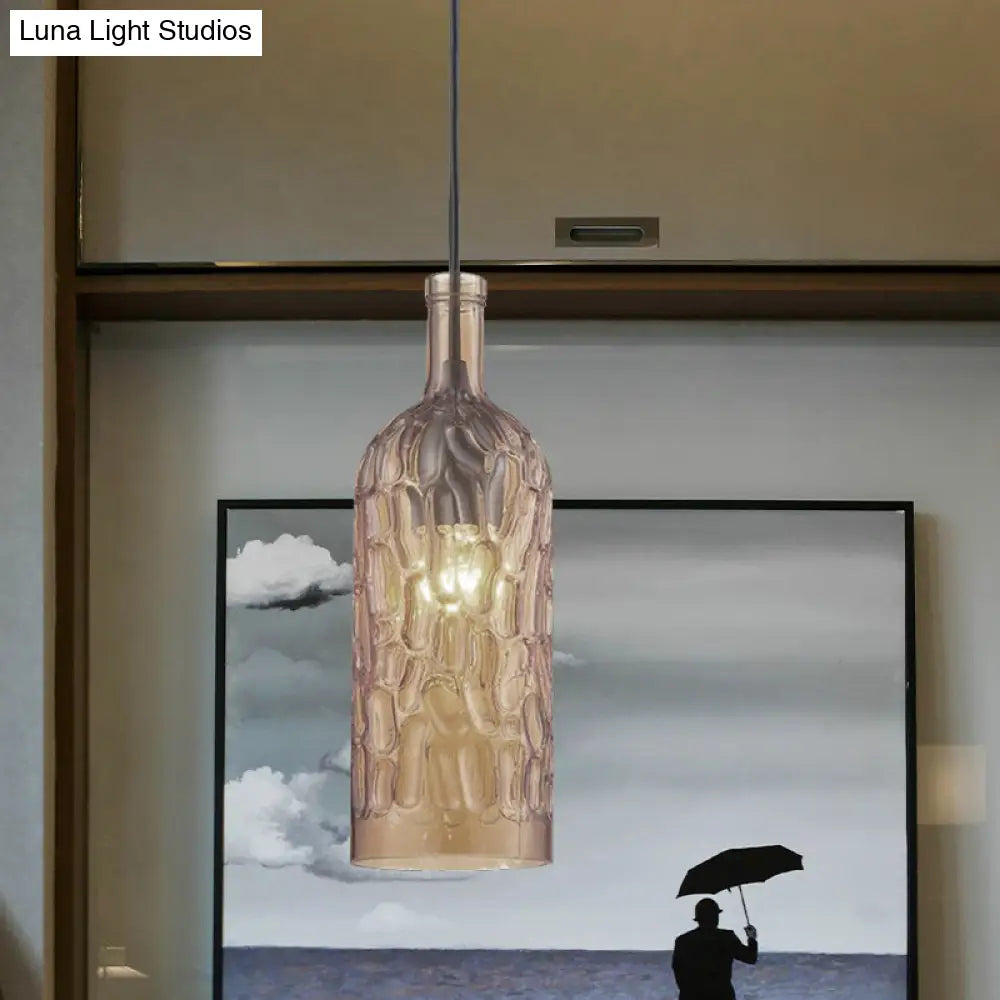 Vintage Yellow/Brown Glass Pendant Light With Dimpled Bottle Shade - 1-Light Fixture For Living Room