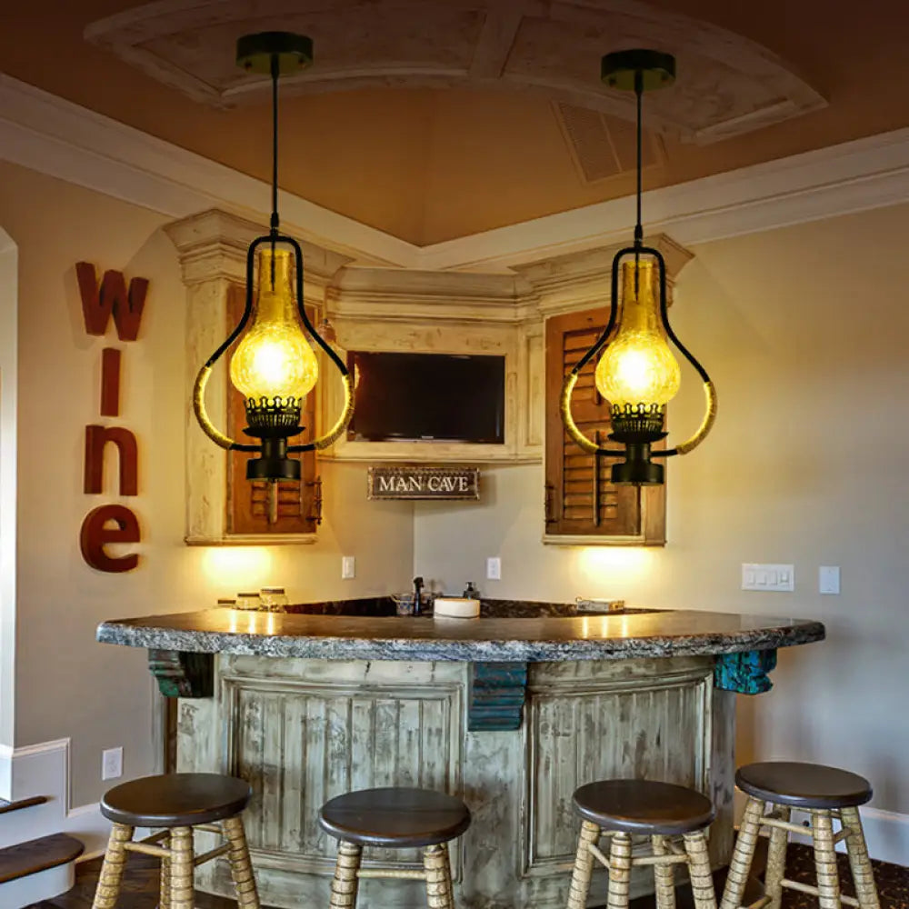 Vintage Yellow Crackle Glass Kerosene Pendant Light For Living Room - Black 1-Light Hanging Ceiling