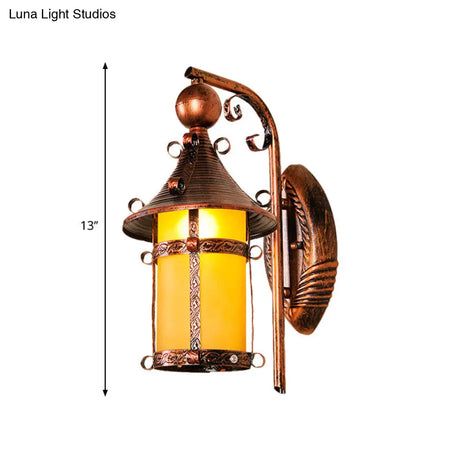 Vintage Yellow Glass Wall Mounted Light With Curved Arm And Weathered Copper Finish For House