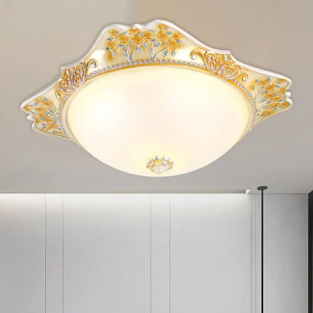 Vintage Yellow Opaline Glass Dome Flush Mount Light With Floral Accent Available In 3 Sizes: 12’