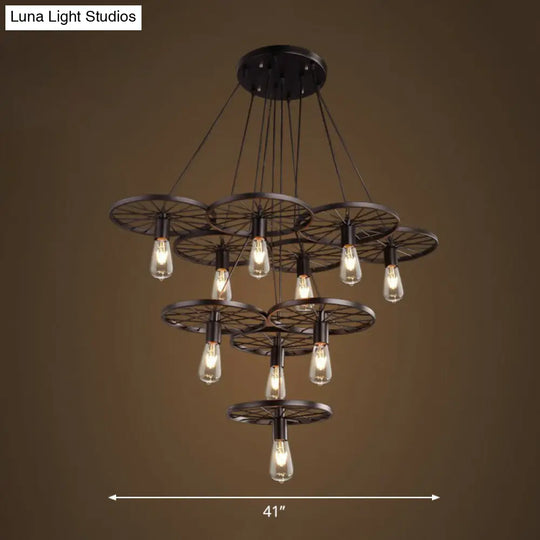Loft Style Wagon Wheel Chandelier - Cast Iron Suspension Pendant Light For Dining Room 10 / Black