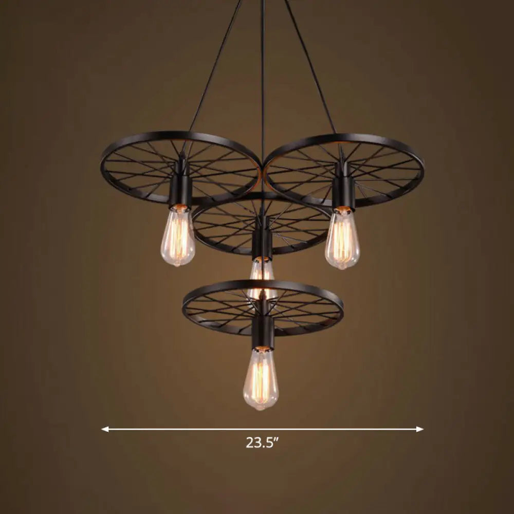 Wagon Wheel Cast Iron Chandelier Pendant Light For Dining Room - Loft Style 4 / Black