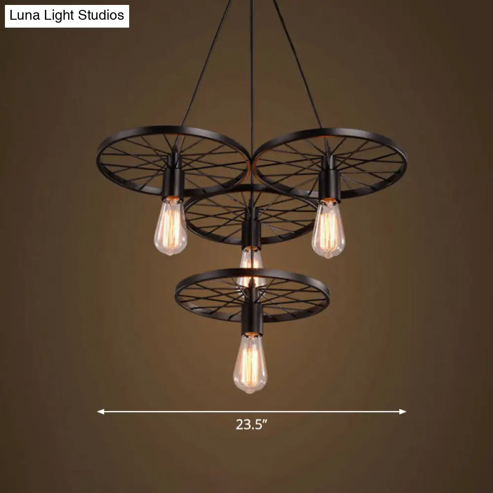Loft Style Wagon Wheel Chandelier - Cast Iron Suspension Pendant Light For Dining Room 4 / Black