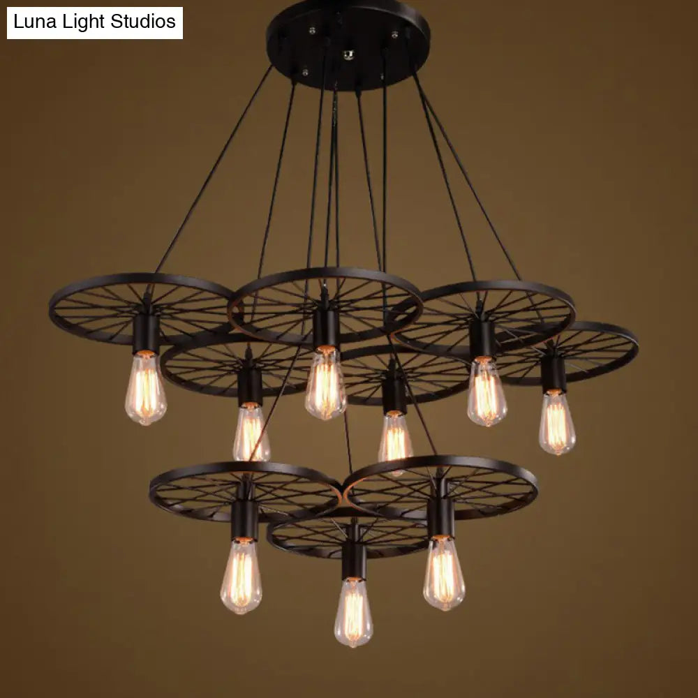 Wagon Wheel Cast Iron Chandelier Pendant Light For Dining Room - Loft Style