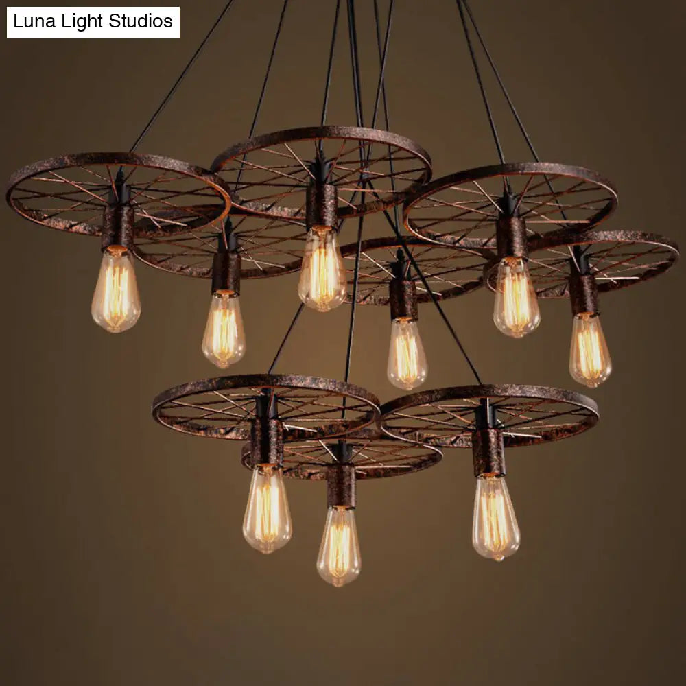 Loft Style Wagon Wheel Chandelier - Cast Iron Suspension Pendant Light For Dining Room 9 / Rust