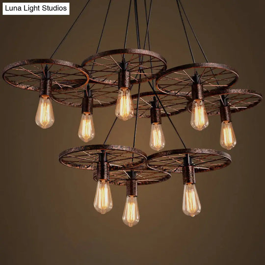 Loft Style Wagon Wheel Chandelier - Cast Iron Suspension Pendant Light For Dining Room 9 / Rust