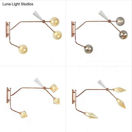 Wall Mounted Iron Rose Gold Reading Light With Branching Design Industrial Fixture - Gem/Ball Glass