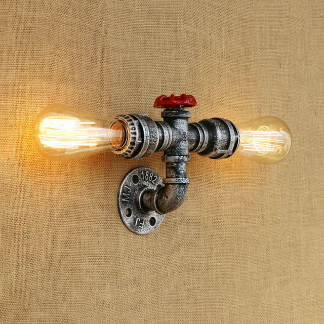 Warehouse Style 2-Head Wall Light Fixture With Bronze/Antique Brass Finish - Wrought Iron Sconce