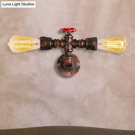 Warehouse Style Open Bulb Metal Wall Lamp With Water Valve - Dark Rust Sconce Lighting For Living