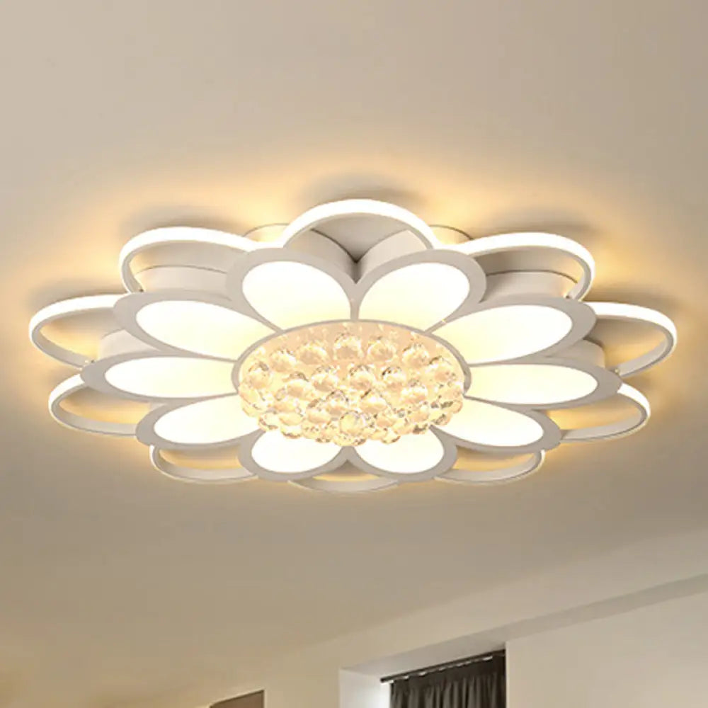 Warm/White/3 Color Led Crystal Flush Light - Simple White Floral Living Room Mount Lamp Multiple