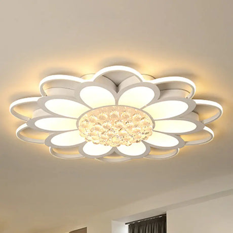 Warm/White/3 Color Led Crystal Flush Light - Simple White Floral Living Room Mount Lamp Multiple