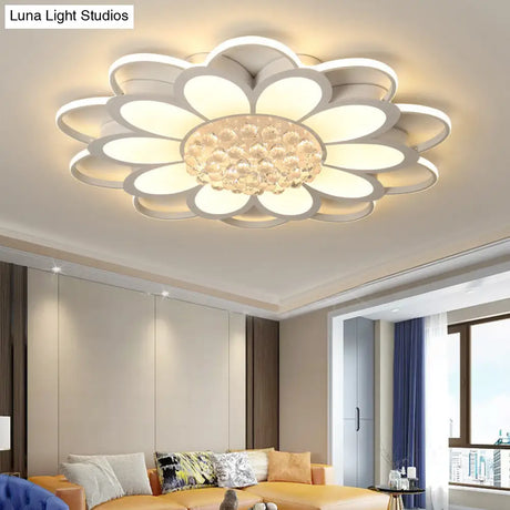 Warm/White/3 Color Led Crystal Flush Light - Simple White Floral Living Room Mount Lamp Multiple