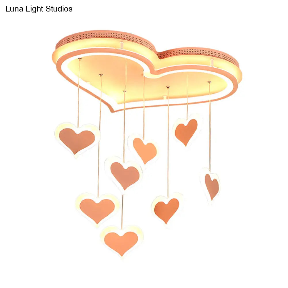 Waterfall Heart Iron Ceiling Lamp - Macaron Pink Led Flush Mount Lighting For Bedroom
