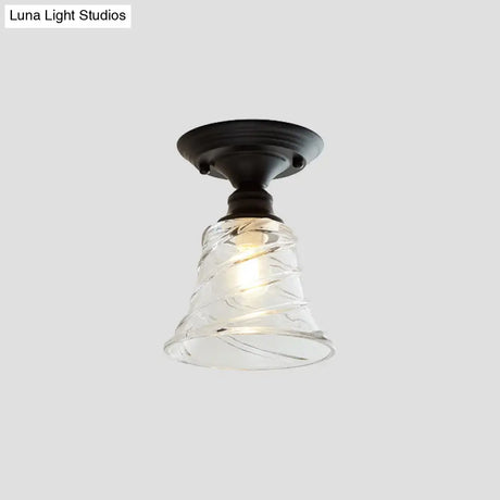 Wavy/Wide Flare Semi - Flush Mount Industrial Black Clear Textured Glass Lighting Fixture