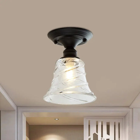 Wavy/Wide Flare Semi - Flush Mount Industrial Black Clear Textured Glass Lighting Fixture / Wide