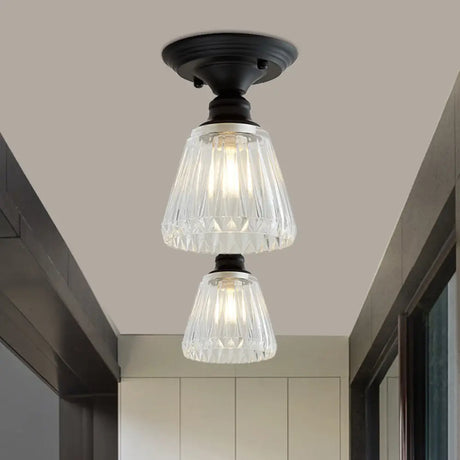 Wavy/Wide Flare Semi - Flush Mount Industrial Black Clear Textured Glass Lighting Fixture / B