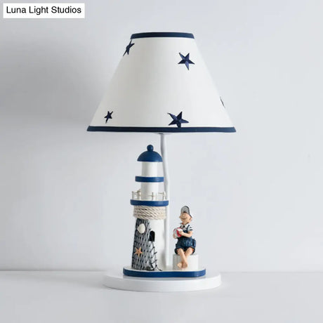 Whimsical Lighthouse Table Lamp - Boy/Girl Cartoon Resin Night Stand Light (White/Blue 1 Light)