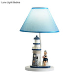Whimsical Lighthouse Table Lamp - Boy/Girl Cartoon Resin Night Stand Light (White/Blue 1 Light)