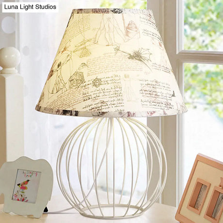 White 1-Light Desk Lamp With Traditional Fabric Shade And Wire Cage Base