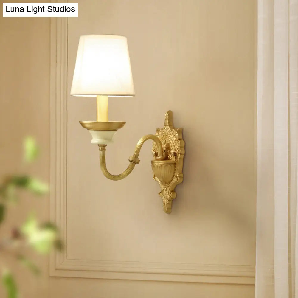 White And Brass Fabric Wall Mounted Light - Minimalist Tapered Sconce