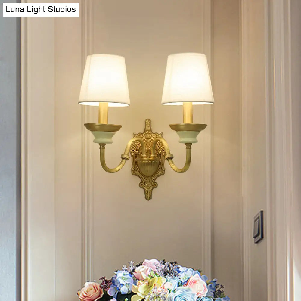 White And Brass Fabric Wall Mounted Light - Minimalist Tapered Sconce