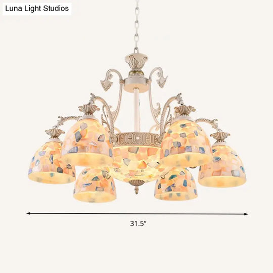 White And Gold Stained Glass Tiffany Pendant Chandelier - Dome Design With 3/5/9 Lights Ceiling