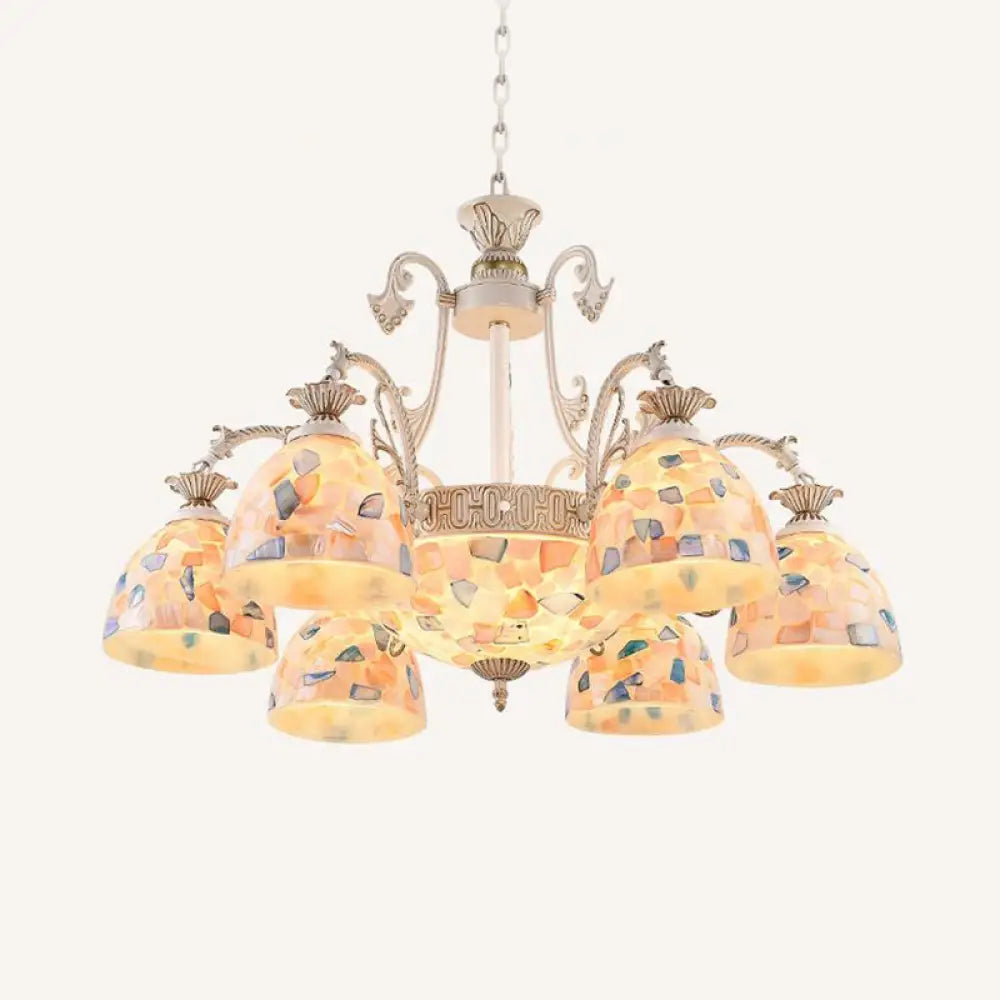 White And Gold Stained Glass Tiffany Pendant Chandelier - Dome Design With 3/5/9 Lights Ceiling