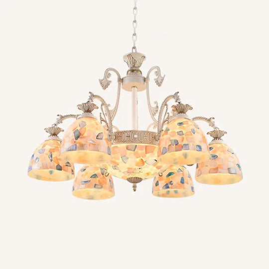 White And Gold Stained Glass Tiffany Pendant Chandelier - Dome Design With 3/5/9 Lights Ceiling