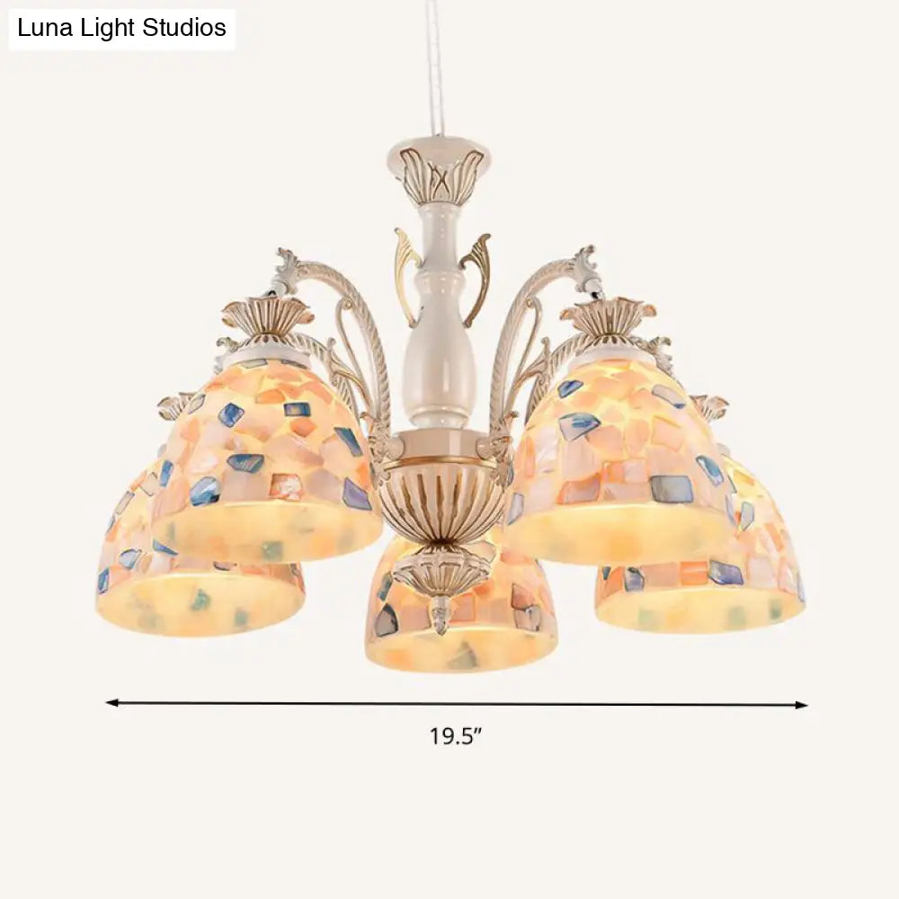 White And Gold Stained Glass Dome Chandelier - Tiffany Pendant Light With 3/5/9 Lights