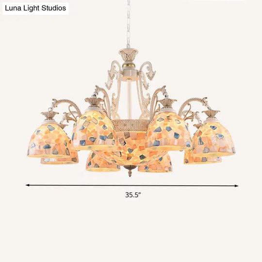 White And Gold Stained Glass Tiffany Pendant Chandelier - Dome Design With 3/5/9 Lights Ceiling