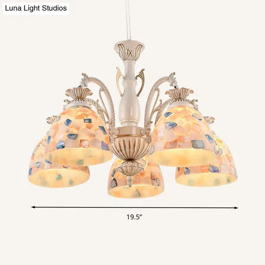 White And Gold Stained Glass Tiffany Pendant Chandelier - Dome Design With 3/5/9 Lights Ceiling