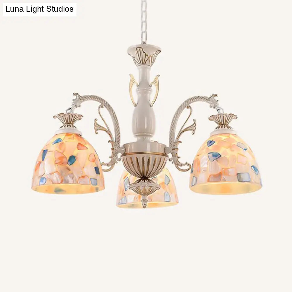 White And Gold Stained Glass Dome Chandelier - Tiffany Pendant Light With 3/5/9 Lights